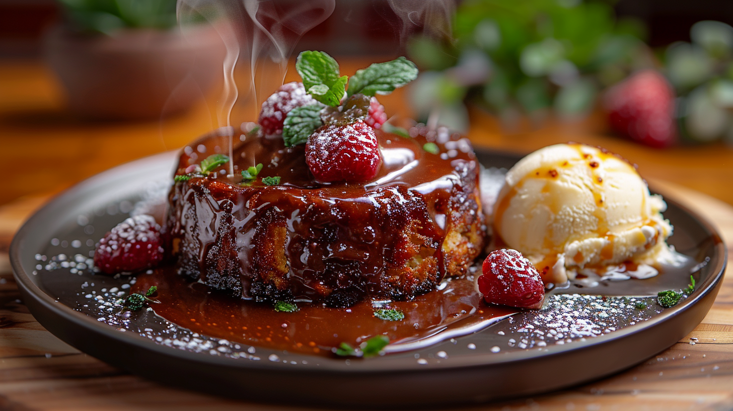 Sticky toffee pudding with warm toffee sauce and vanilla ice cream