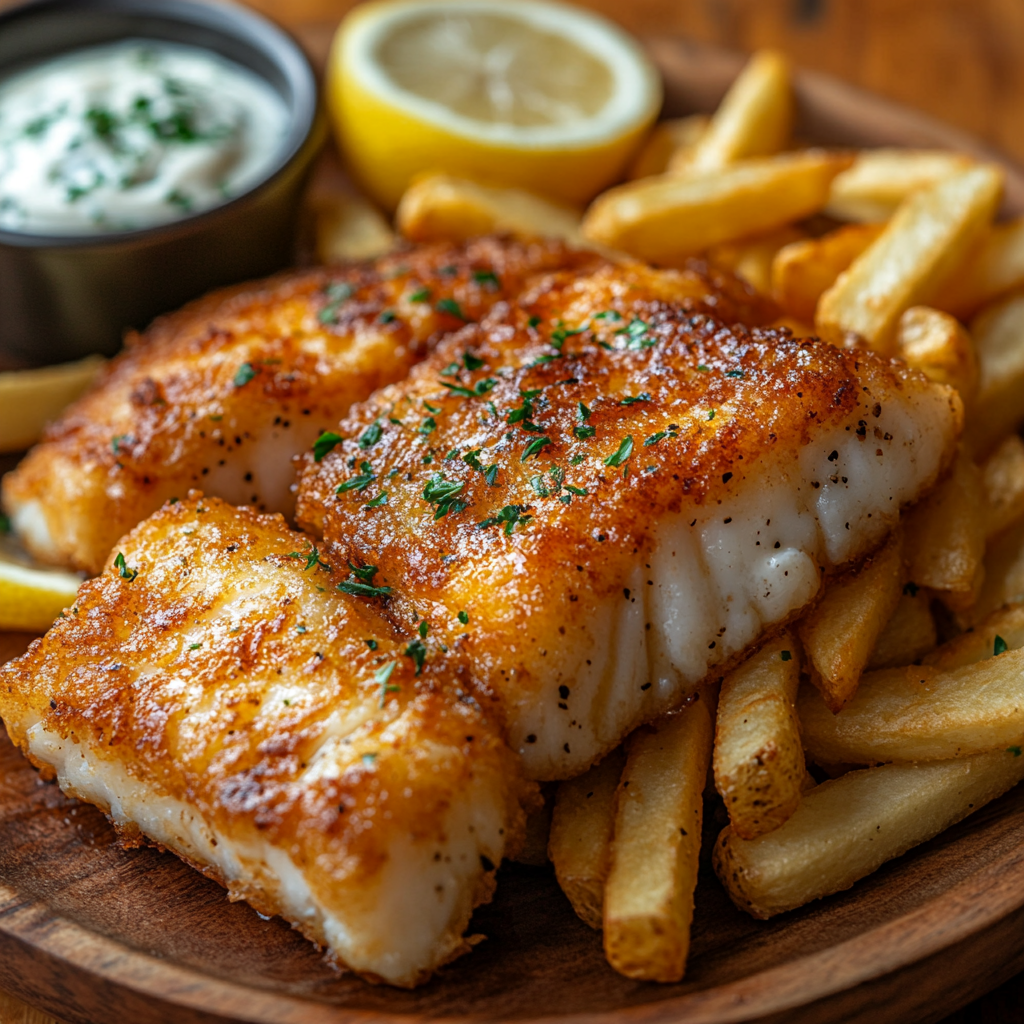 Fish and chips with tartar sauce and lemon