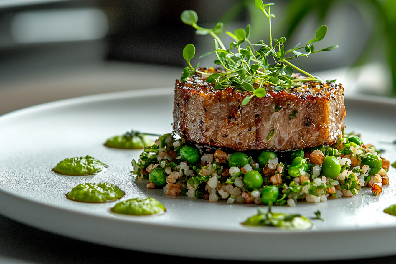 Modern plating of crispy lamb and pea tabbouleh on a wide white plate with pea puree dots and lemon gel