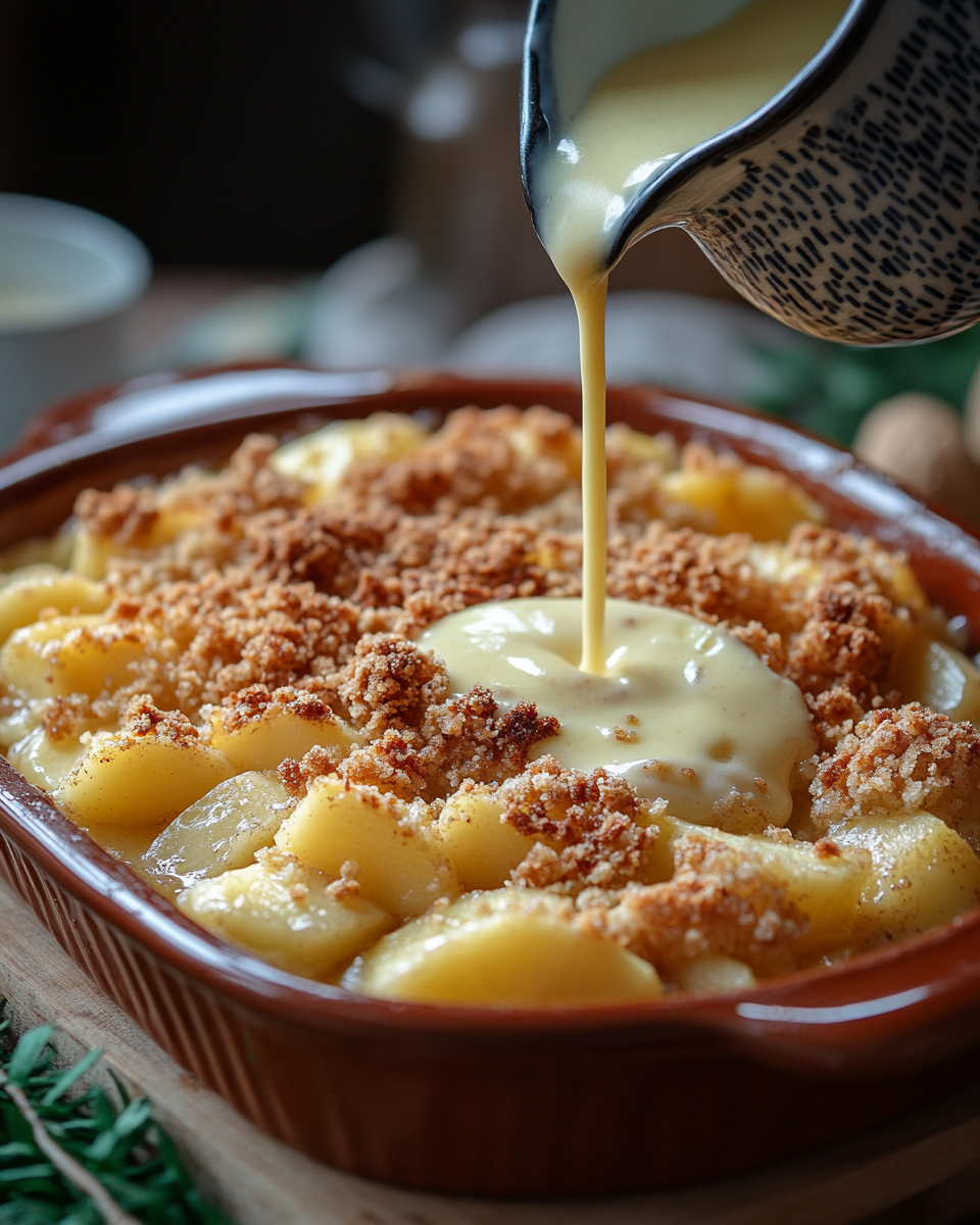 Traditional British apple crumble served warm with custard.