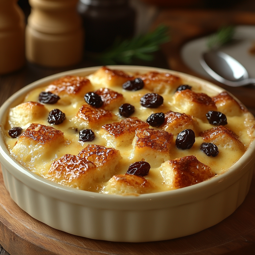Traditional British bread and butter pudding baked in a ceramic dish with golden custard and raisins