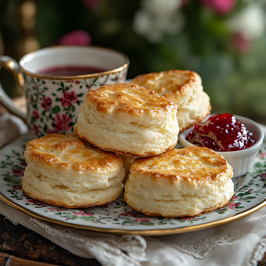 Easy British scones served warm with strawberry jam and clotted cream on a plate.