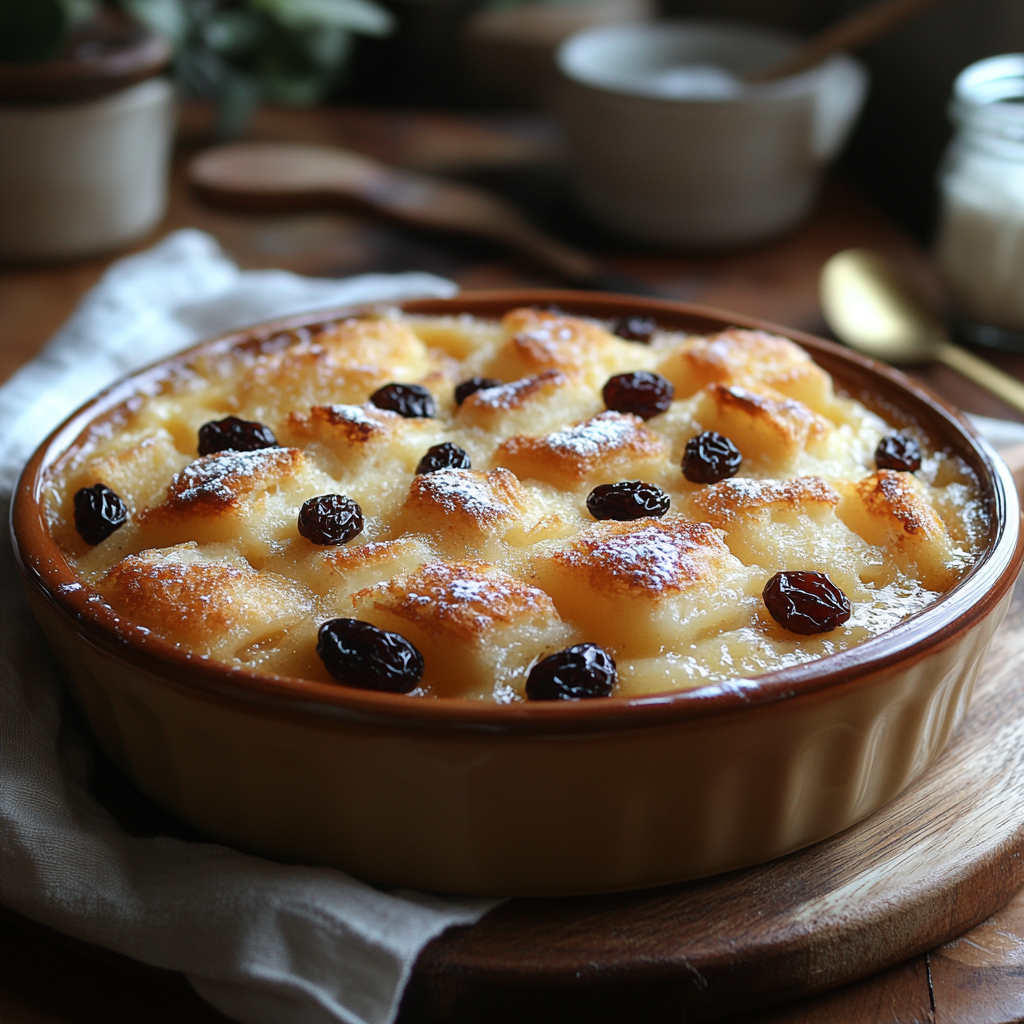 Traditional British bread and butter pudding recipe served warm.