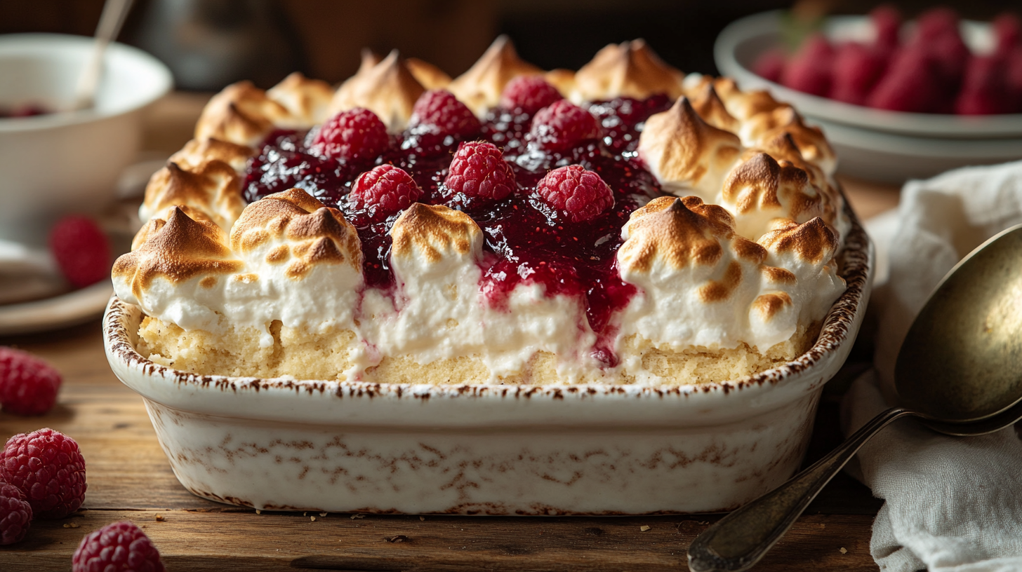Slice of Queen of Puddings with golden-brown meringue, visible lemon curd and creamy breadcrumb custard on a white plate