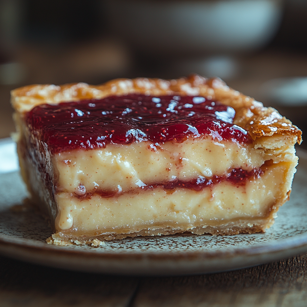 Slice of traditional Bakewell pudding showing shortcrust pastry, raspberry jam layer and browned almond frangipane topped with sliced almonds