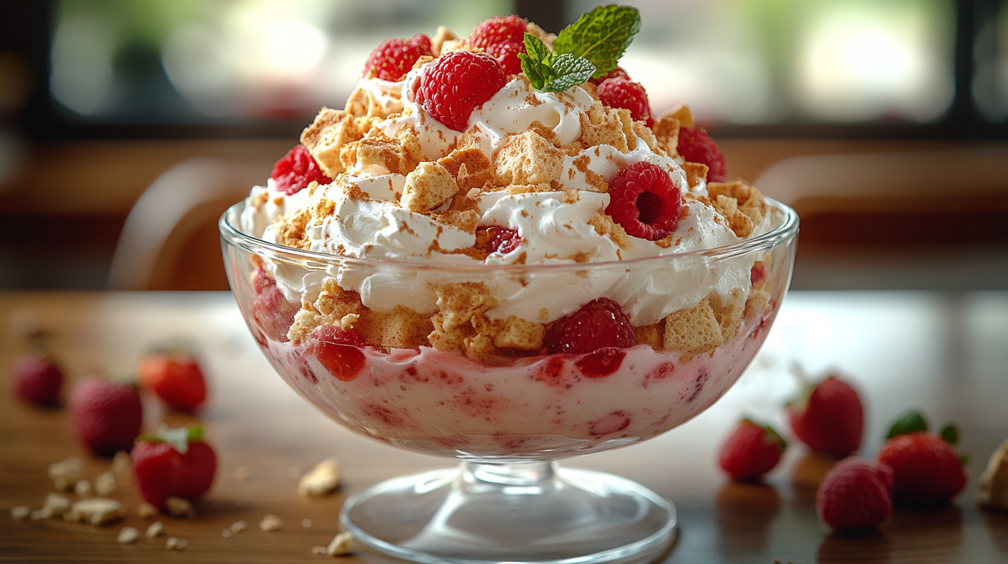 Classic Eton Mess in a glass bowl with crushed meringue, whipped cream and fresh strawberries and raspberries.