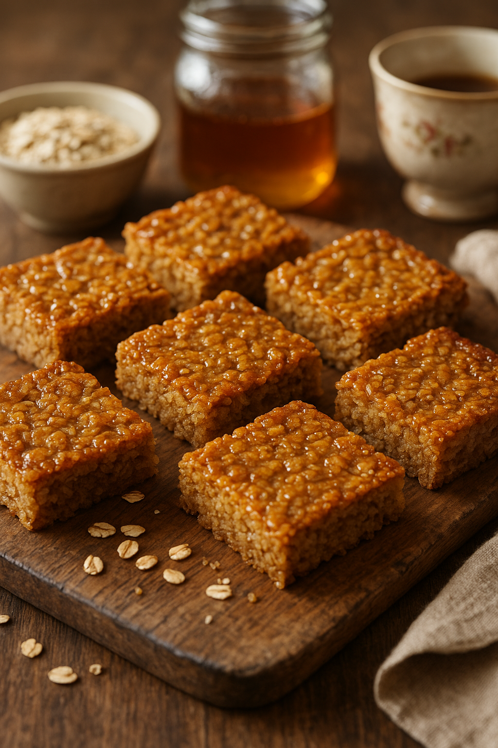 Close-up of traditional British flapjacks: golden oat bars cut into neat squares with visible oats and a drizzle of syrup on a wooden board, styled with a teacup and jar of golden syrup