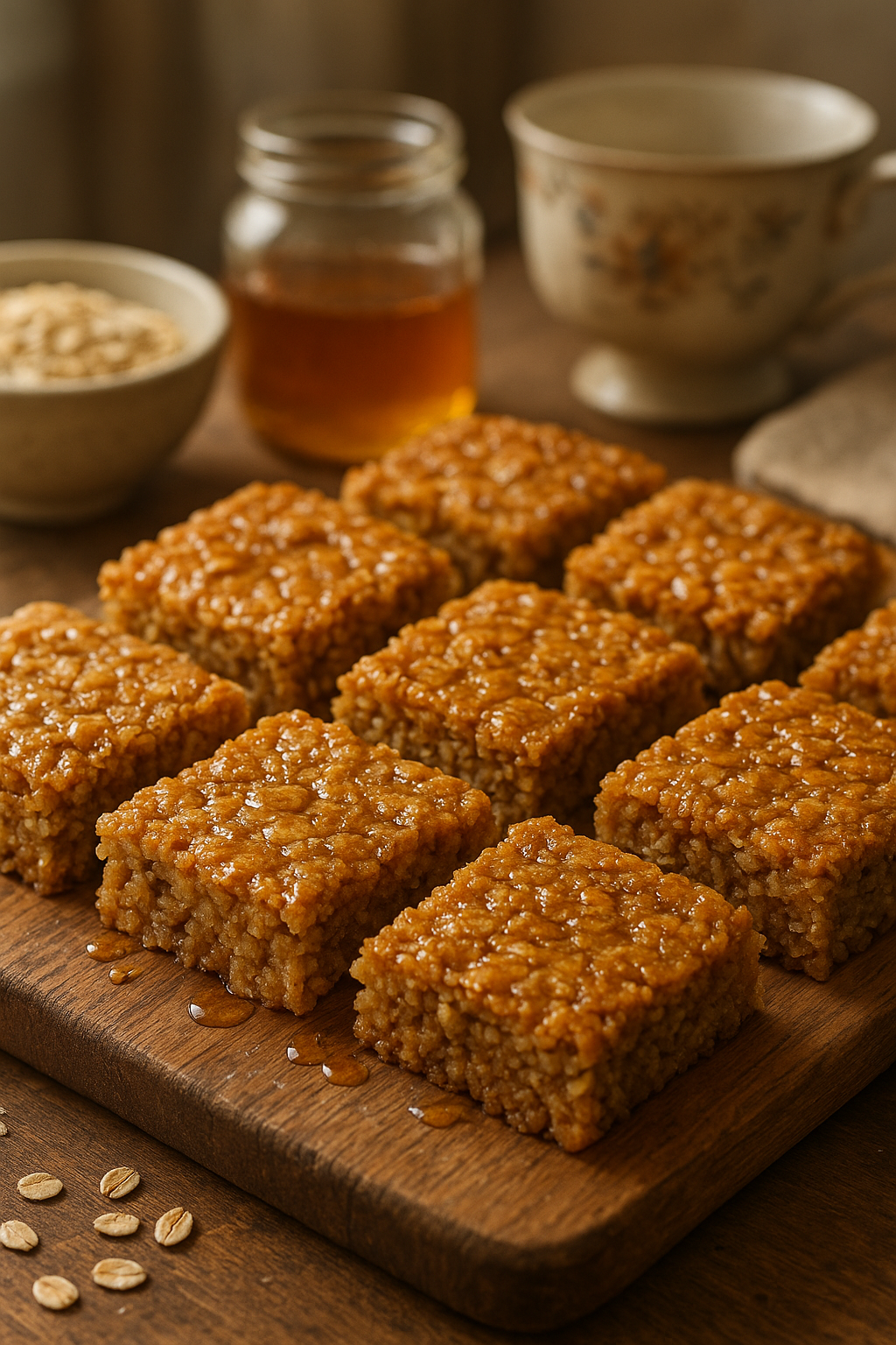 Close-up of traditional British flapjacks: golden oat bars cut into neat squares with visible oats and a drizzle of syrup on a wooden board, styled with a teacup and jar of golden syrup