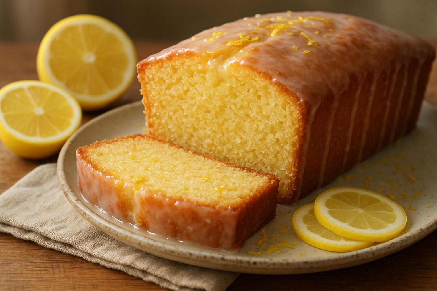Classic lemon drizzle cake loaf with glossy lemon glaze dripping down the sides and a pulled slice showing moist crumb - lemon drizzle cake