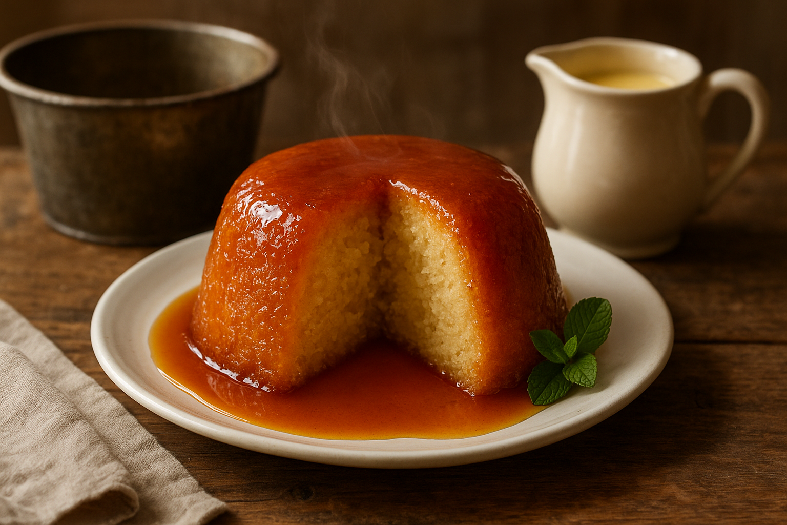 Traditional steamed syrup sponge inverted onto a white plate with amber syrup pooling around the base, a slice removed to show the soft, moist crumb and steam rising