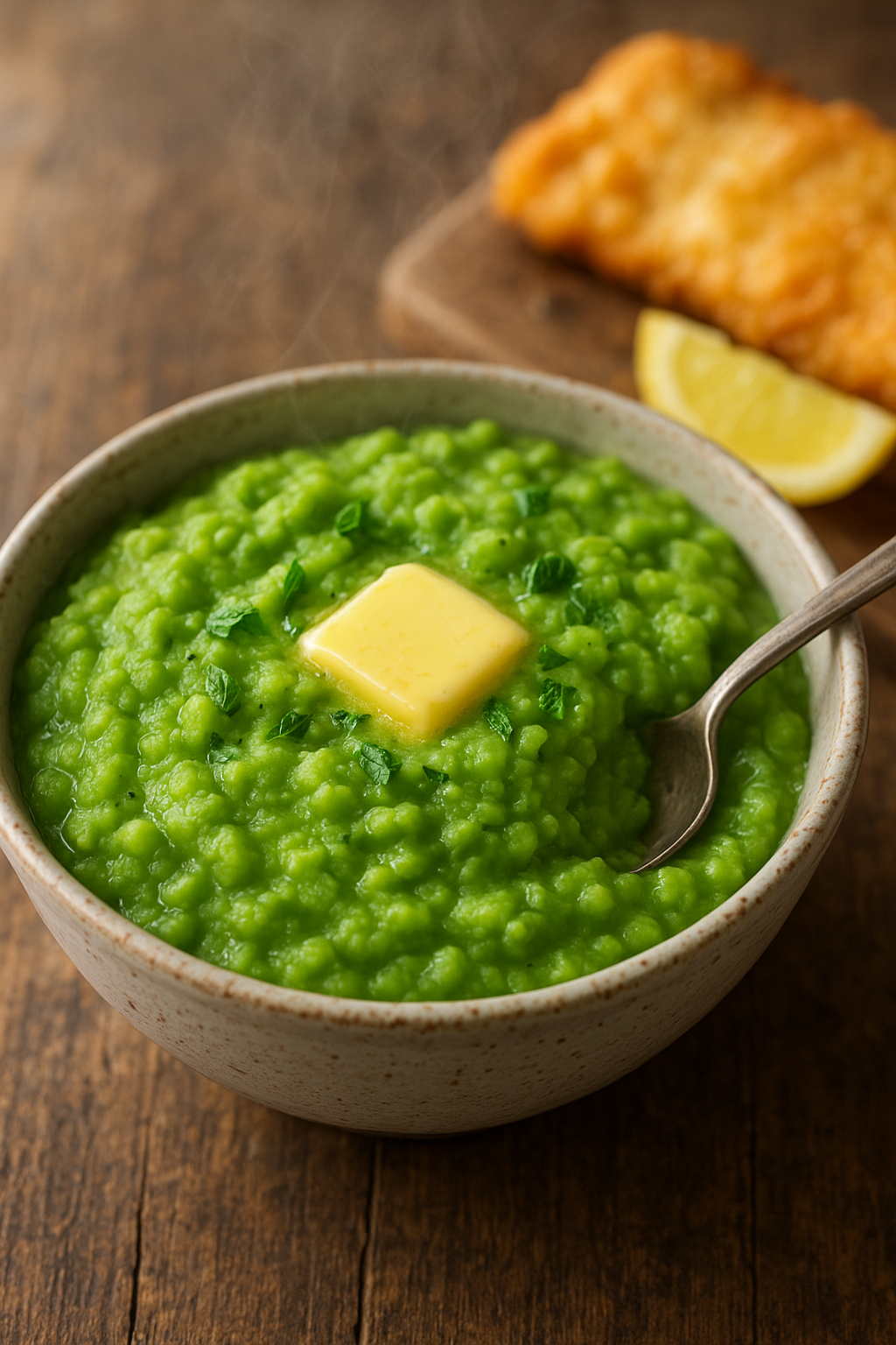 Traditional mushy peas recipe: bright green mushy peas in a rustic bowl topped with melting butter and chopped mint