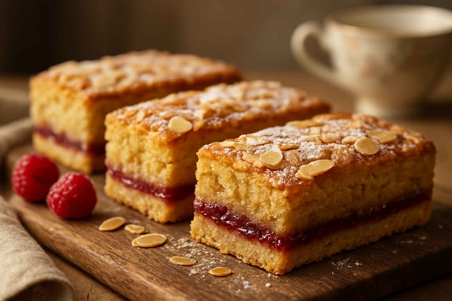Three traditional bakewell slices on a rustic wooden board showing shortcrust base, raspberry jam layer and almond frangipane with toasted flaked almonds and icing drizzle